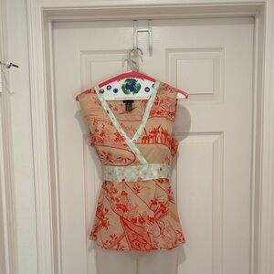 Elegant Red and Cream Floral V-Neck Blouse